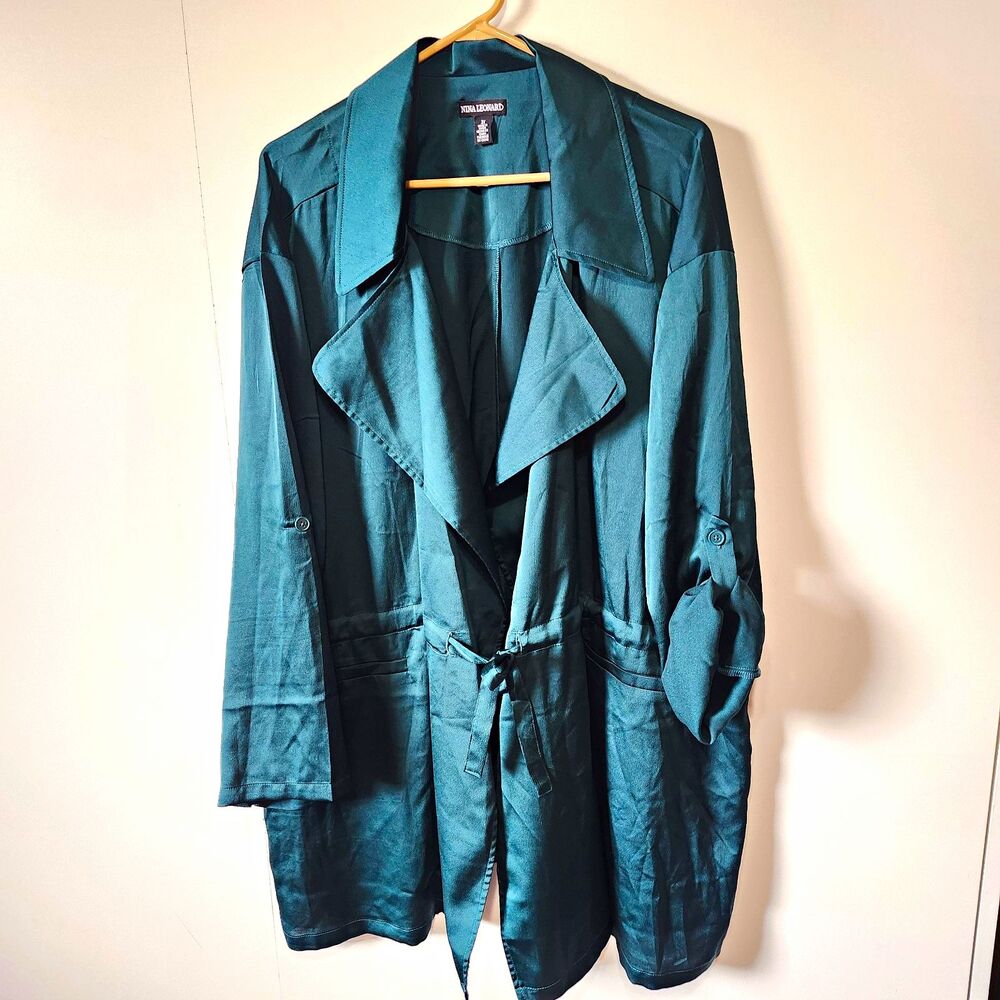 Nina Leonard Hammered Satin Drawstring Jacket Emerald Green Size 3X Used